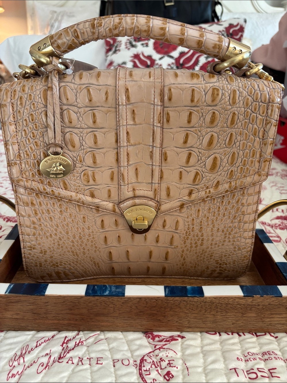 Brahmin Olivia Rose Tan Croc-Embossed Leather Satchel with Gold Hardware